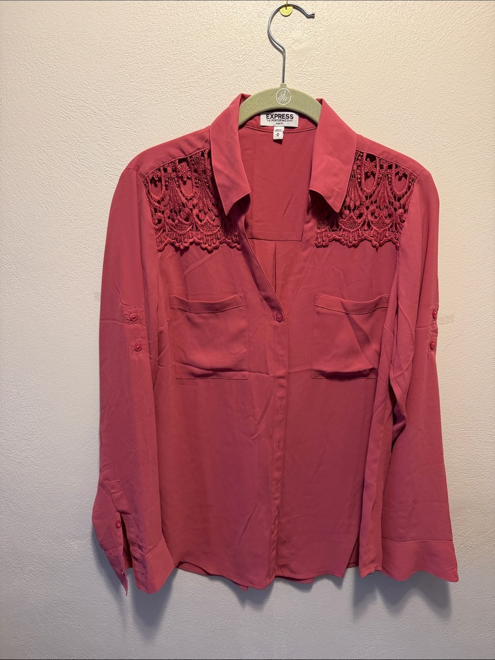 Express Crochet-Yoke Button-Front Shirt in Rose